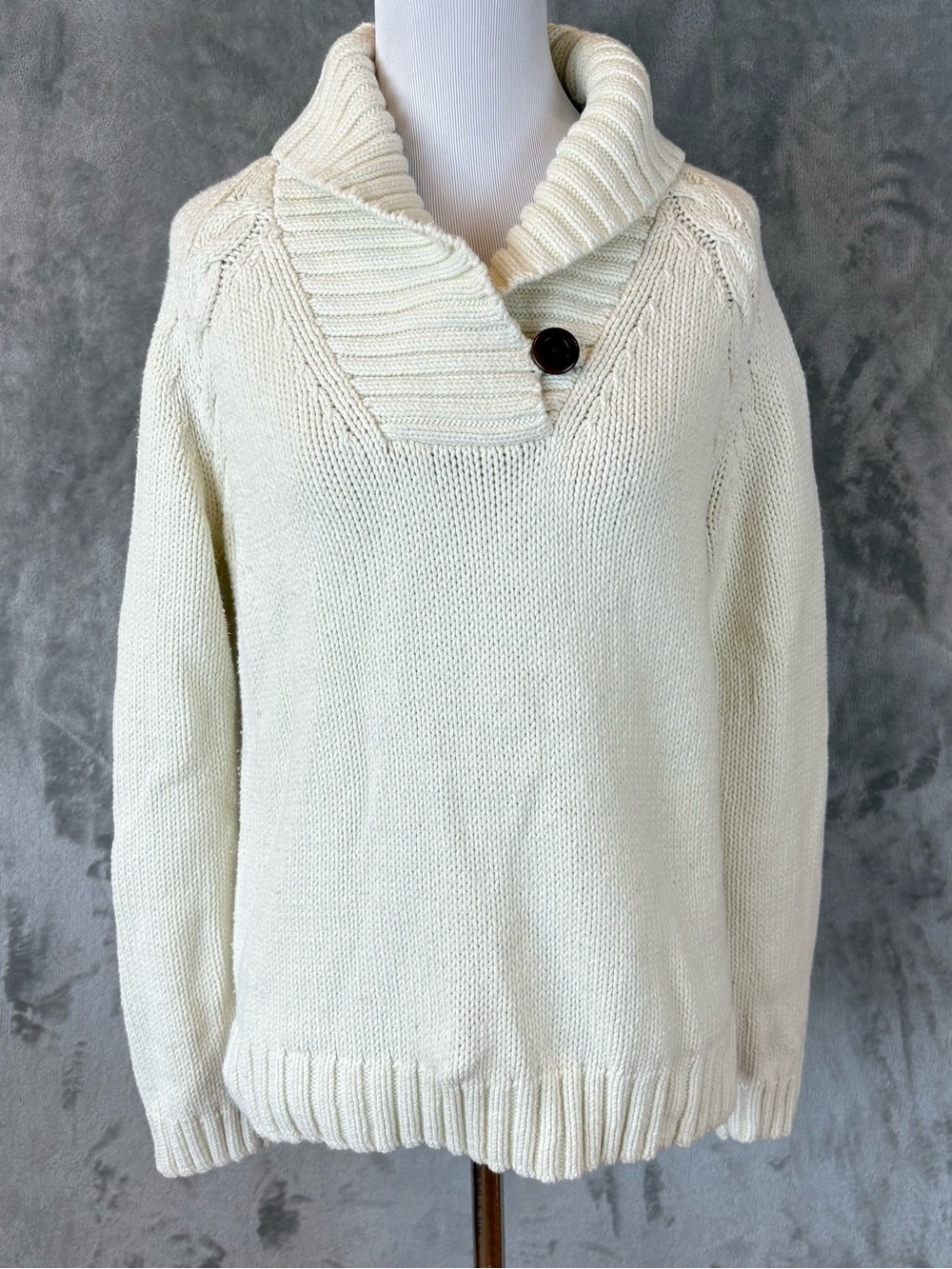 Lands End Drifter Shaker Cotton Knit Pullover Sweater Ivory Shawl Collar Wmn’s M